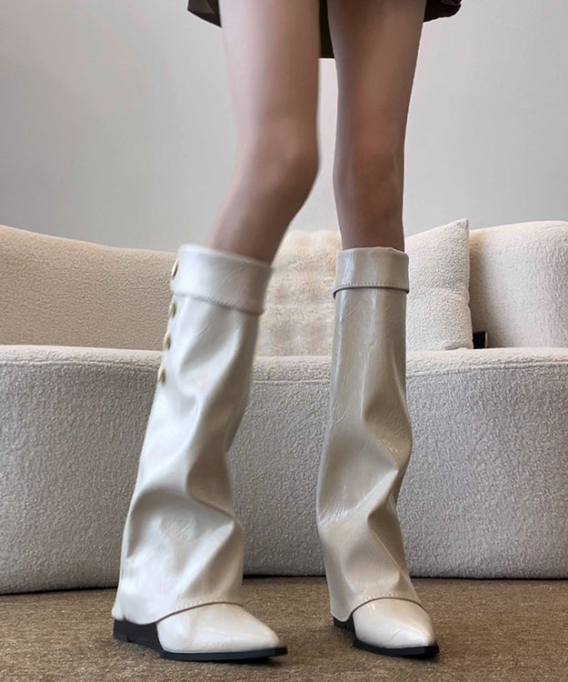 White Wedge Cowhide Leather Splicing Boots Pointed Toe