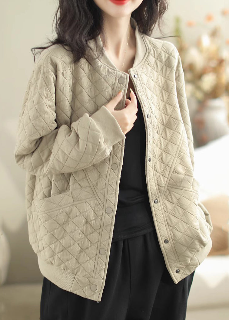 Beige Stand Collar Pockets Fine Cotton Filled Jacket Winter