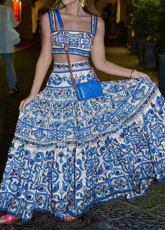 Blue Print Spaghetti Strap Tank and Skirts Two Pieces Set Sleeveless
