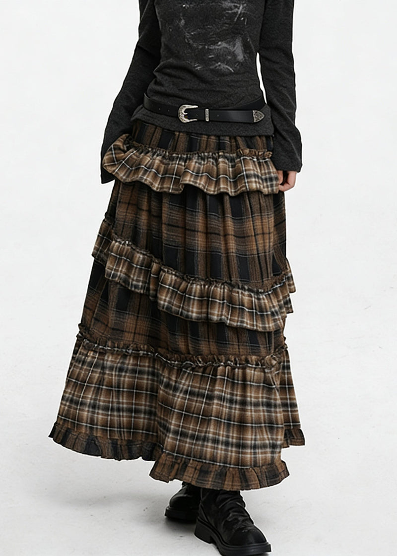 Coffee Ruffled Plaid Elastic Waist Cotton Skirts Spring