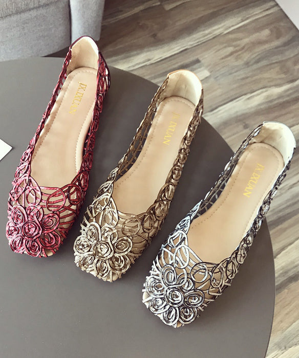 Mulberry Hollow Out Walking Flat Sandals Faux Leather Art Splicing