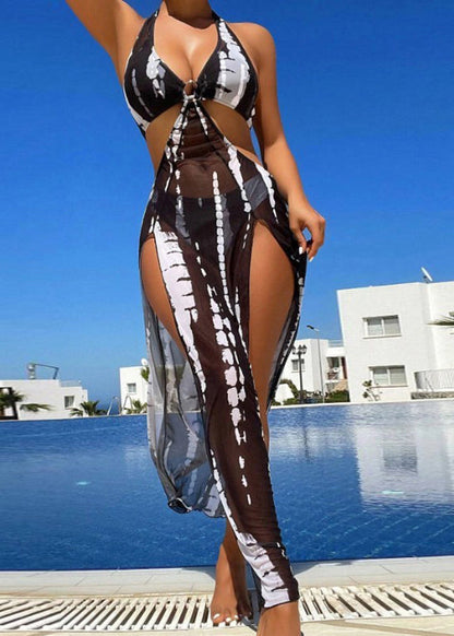 Art Black Print Halter Hollow Out Tulle Swimwear Slips Lingerie Sets
