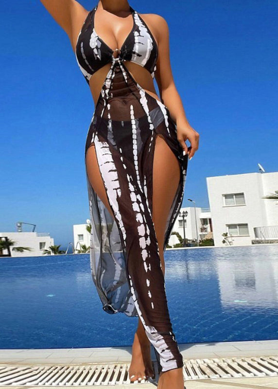 Art Black Print Halter Hollow Out Tulle Swimwear Slips Lingerie Sets