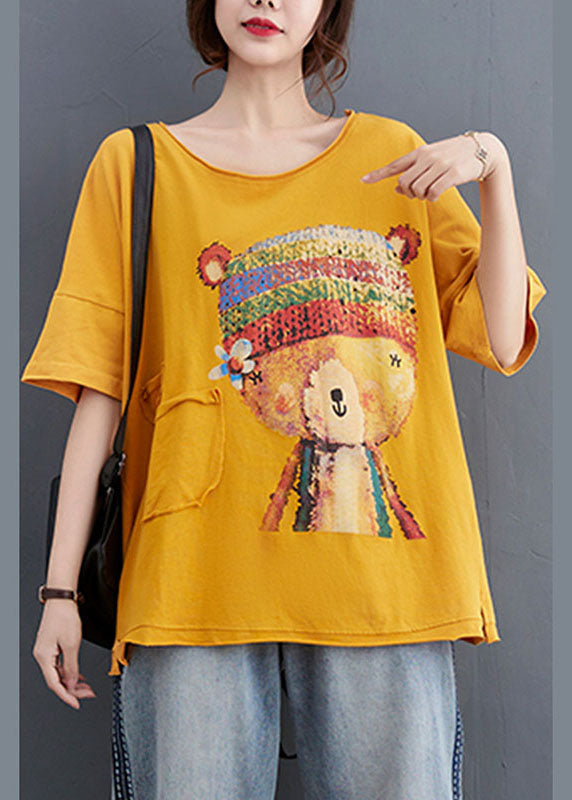 Yellow Loose O-neck Print Fall Tees Half Sleeve