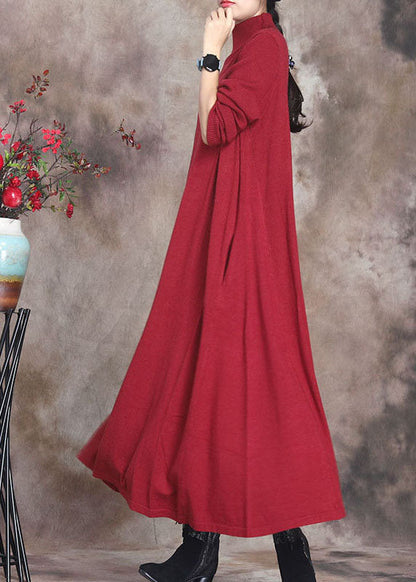 Red Retro Knit Slim Fit Fall Long Sweater Dress