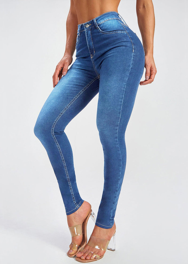 Simple Blue Pockets High Waist Denim Pants Summer