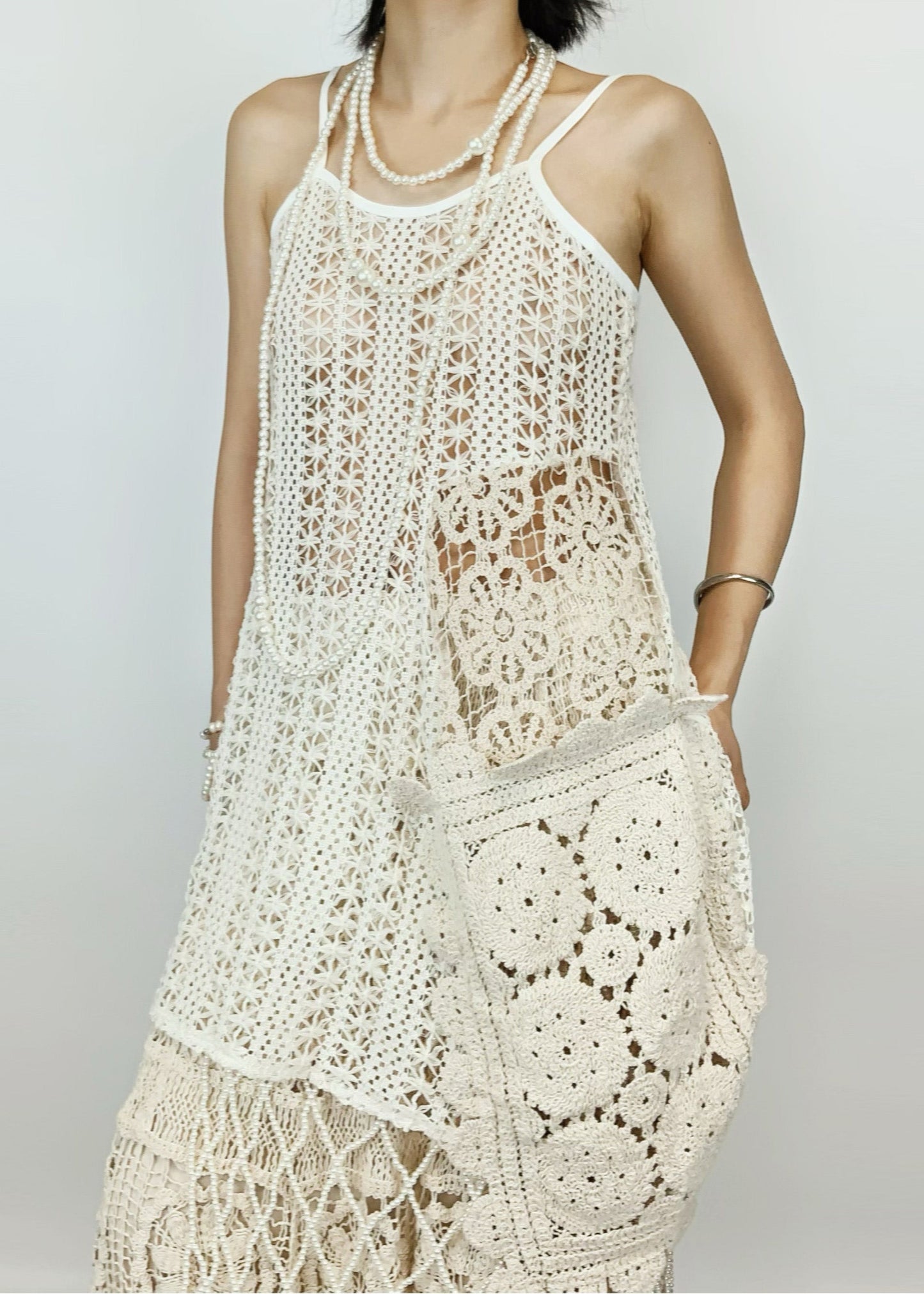 Beige Hollow Out Asymmetrical Design Knit Two-piece Set Summer