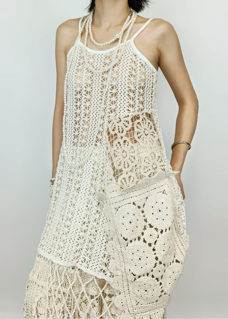 Beige Hollow Out Asymmetrical Design Knit Two-piece Set Summer