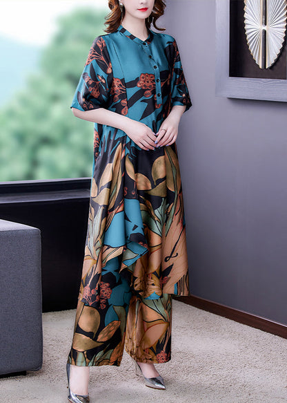 Blue Stand Collar Print Silk Shirt and Wide Leg Pants Two-piece Set Half Sleeve