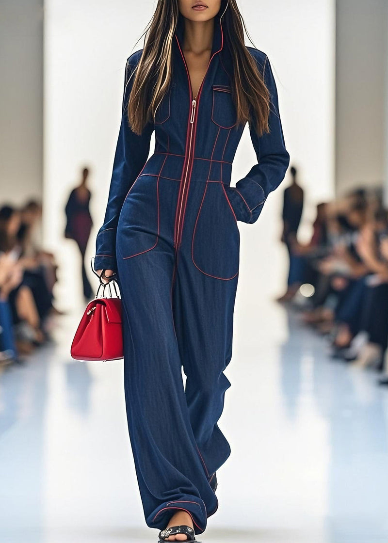 Navy Zip Up Pockets Patchwork Denim Jumpsuit Spring