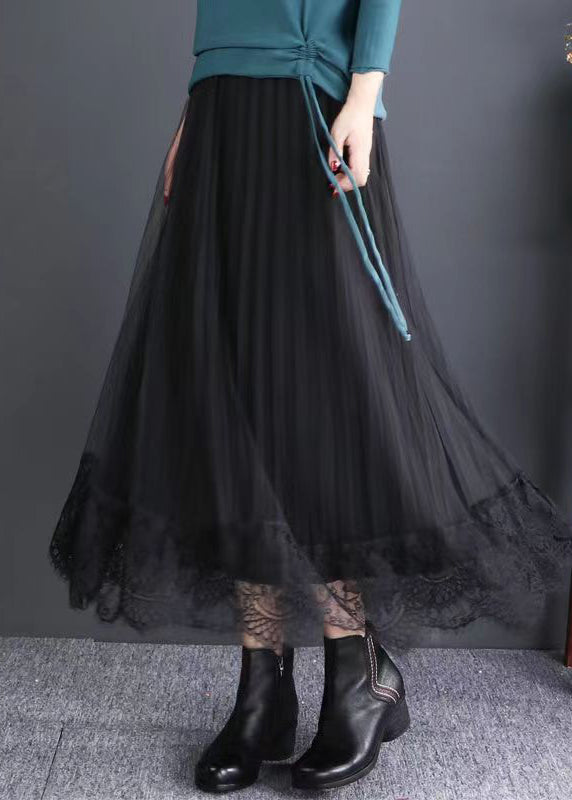Black Elastic Waist Lace Patchwork Tulle Skirts Fall