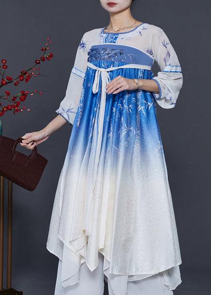 Style Blue Print Gradient Color Silk Dresses Summer
