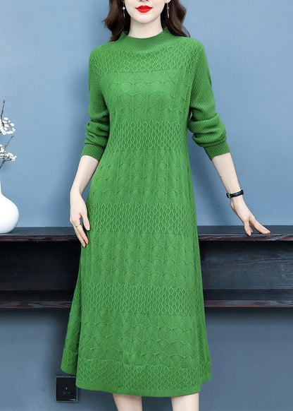 Modern Green Stand Collar Jacquard Color Knitted Long Dress Long Sleeve
