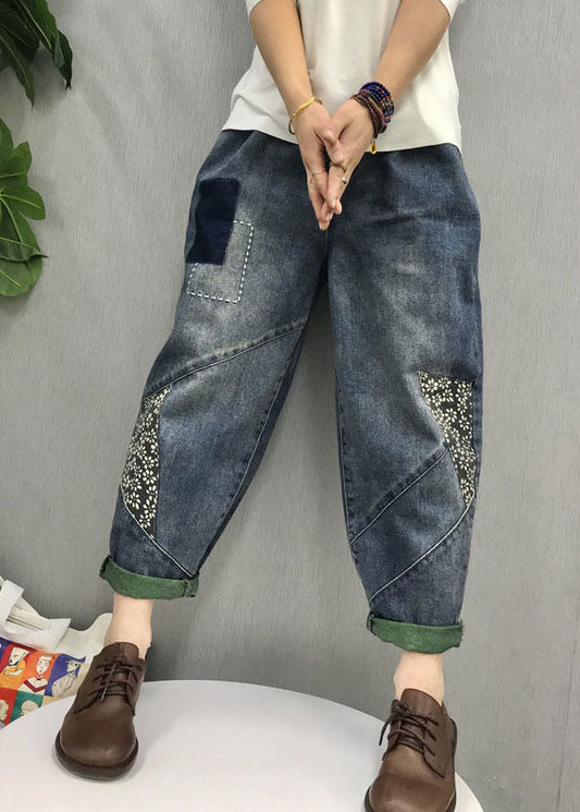 Organic Blue Patch Applique Denim Pants Spring