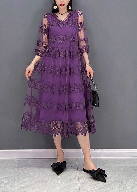 Modern Purple V Neck Embroideried Lace Patchwork Hooded Dress Long Sleeve