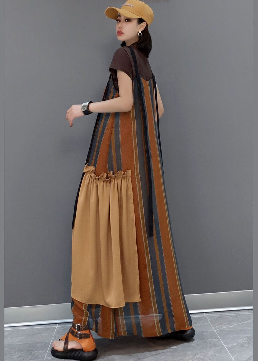 Brown Striped Patchwork a Line Skirts Short Sleeve Dresses