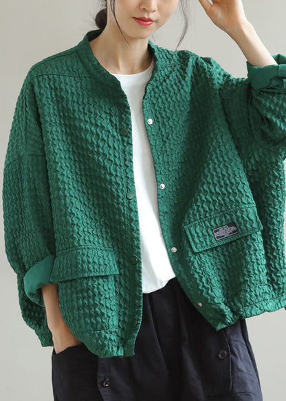 Art Green O-neck Pockets Patchwork Cotton Coats Spring