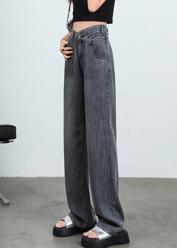 Grey Button High Waist Denim Pants Spring