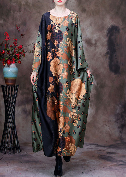 Style Green O-neck Oversized Print Silk Vacation Dresses Batwing Sleeve