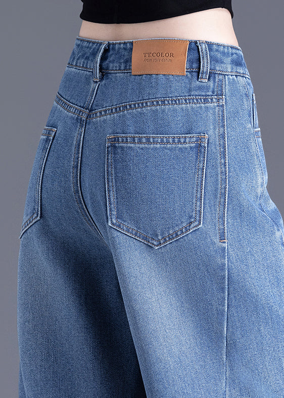 Blue Pockets Denim Crop Pants Summer
