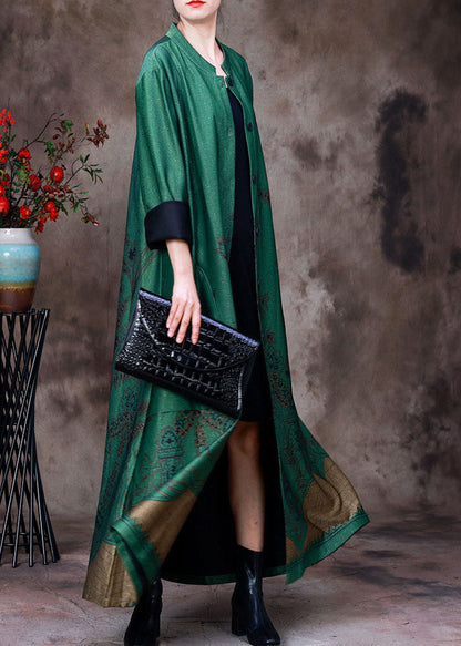 Green Stand Collar Pockets Print Silk Trench Coats Long Sleeve