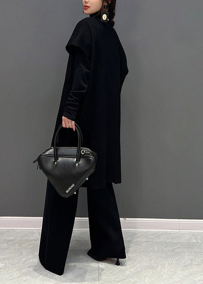 Black Turtleneck Knit Waistcoat and Pants Two Piece Set Winter