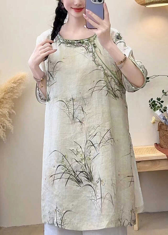 Light Green Print Side Open Linen Shirt Half Sleeve