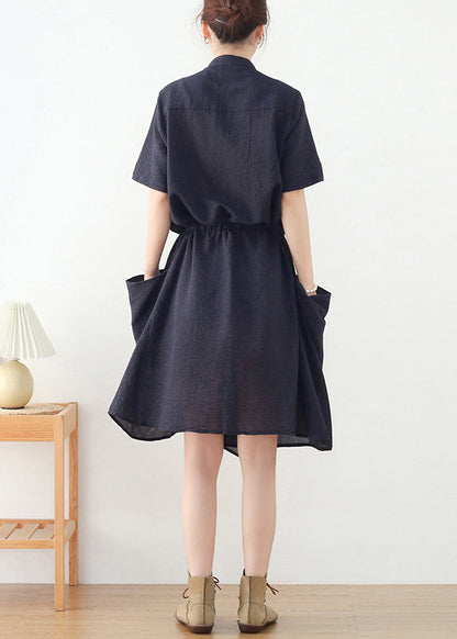 Navy Asymmetrical Design Button Linen Dress Short Sleeve