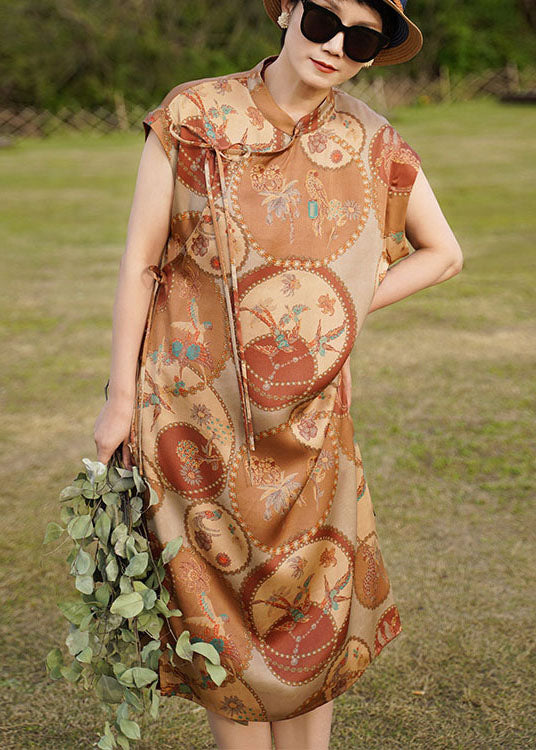 Original Design Khaki Mandarin Collar Print Side Open Silk Dresses Sleeveless