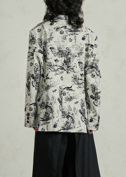 White V Neck Pockets Print Coat Fall