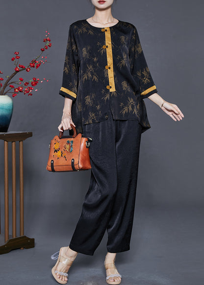 Black Oversized Print Silk Two Pieces Set Summer