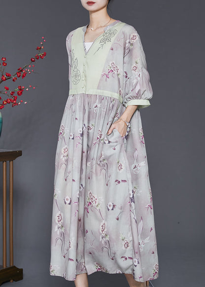 Light Purple V Neck Print Linen Dress Summer
