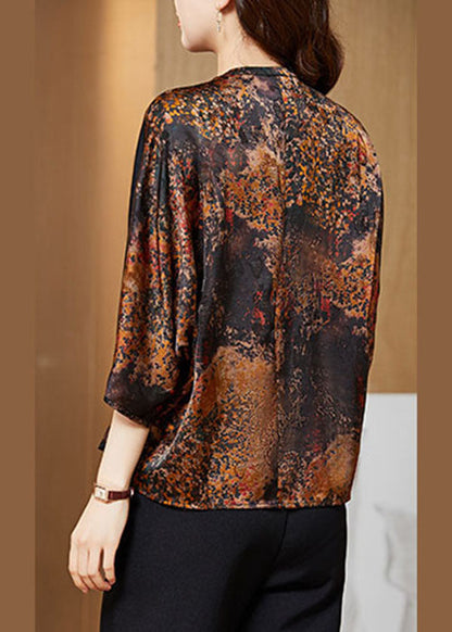 Yellow Print O-neck Button Patchwork Silk Shirt Tops Bracelet Sleeve