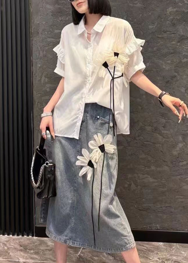 Modern White Peter Pan Collar Shirts and Denim Skirts Two Pieces Set Short Sleeve Summer