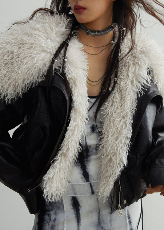 Black Fur Collar Patchwork Detachable Pu Jacket Winter