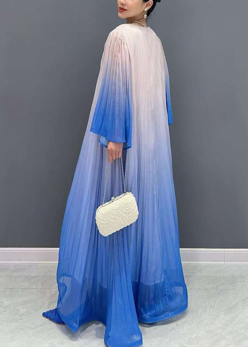 Blue Gradient Color V Neck Wrinkled Long Dress Flare Sleeve