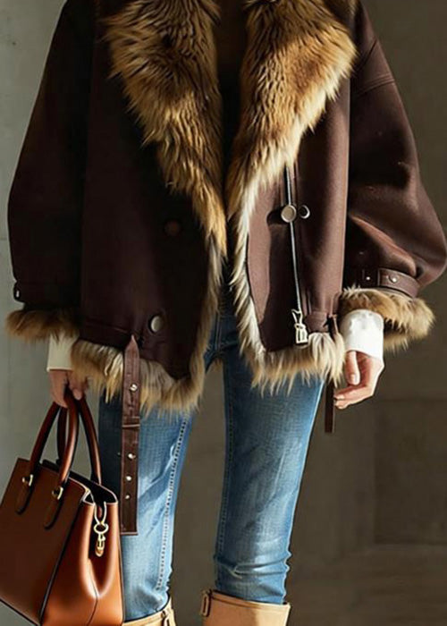 Brown Pockets Button Faux Fur Jackets Winter