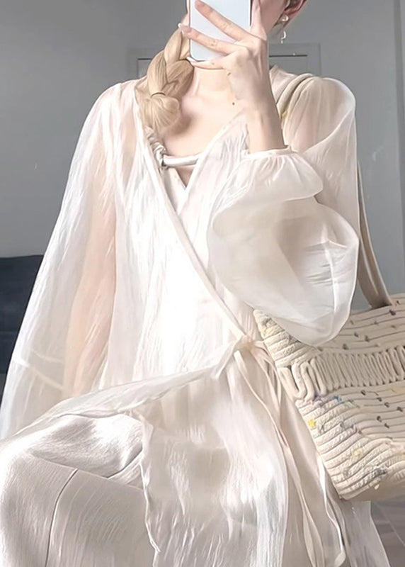 Natural Apricot V Neck Tie Waist Chiffon Upf 50+ Coat Lantern Sleeve