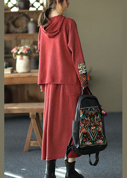 Red Oriental Hooded Knit Fall Two Pieces Set