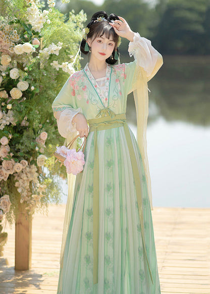 Chinese Style Light Green Embroideried Tops and Pleated Skirt Chiffontwo Pieces Set Fall