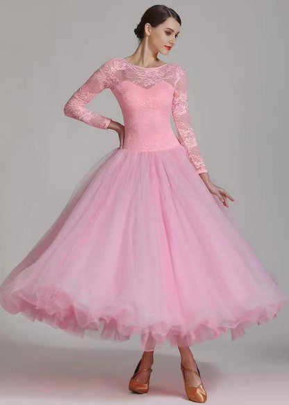 Light Lake Blue O-neck Lace Patchwork Dance Dress Long Sleeve
