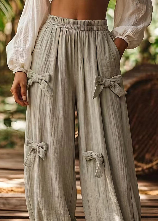 Green Pockets Bow Elastic Waist Cotton Pants Summer
