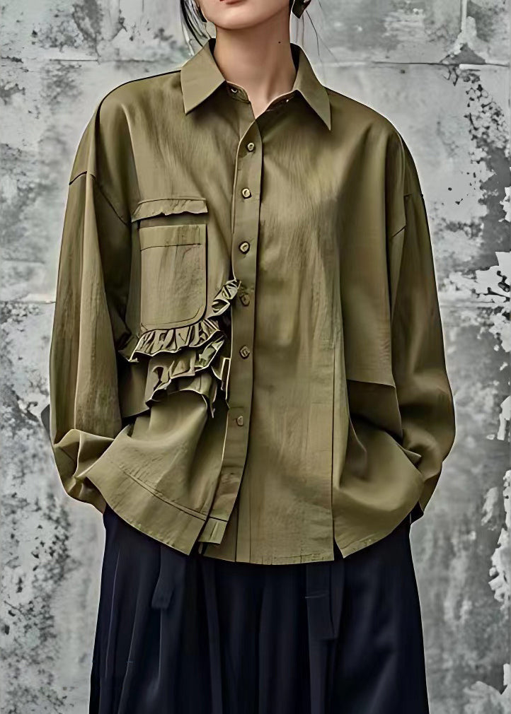 Simple Army Green Ruffled Patchwork Button Tops Fall