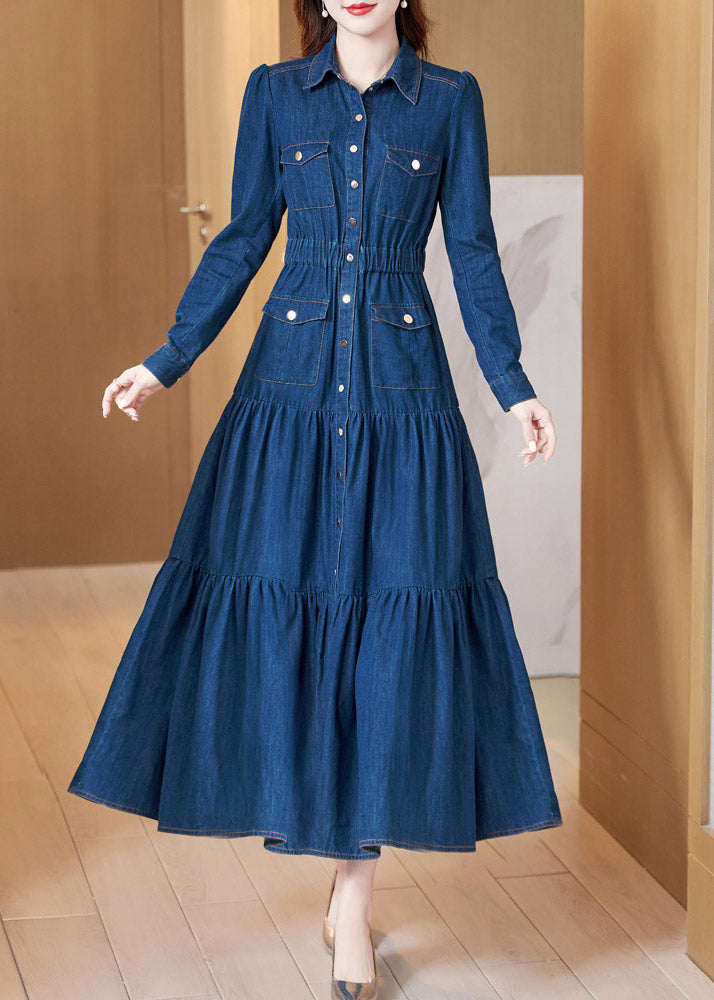 Denim Blue Peter Pan Collar Patchwork Wrinkled Tunic Button Cotton Maxi Dresses Long Sleeve