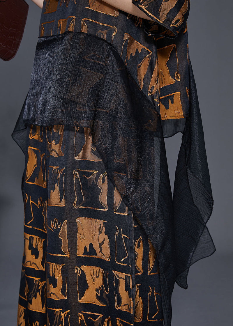 Brown Plaid Patchwork Silk Two Pieces Set Fall