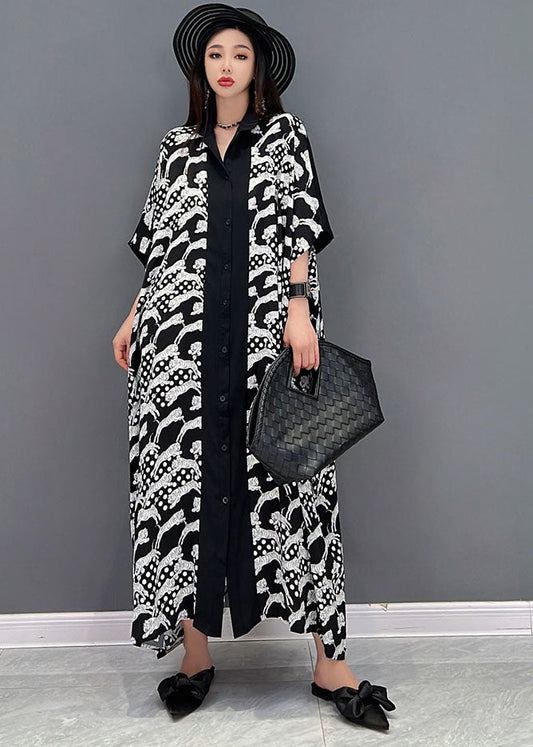 Black Peter Pan Collar Print Button Cotton Shirt Dress Short Sleeve