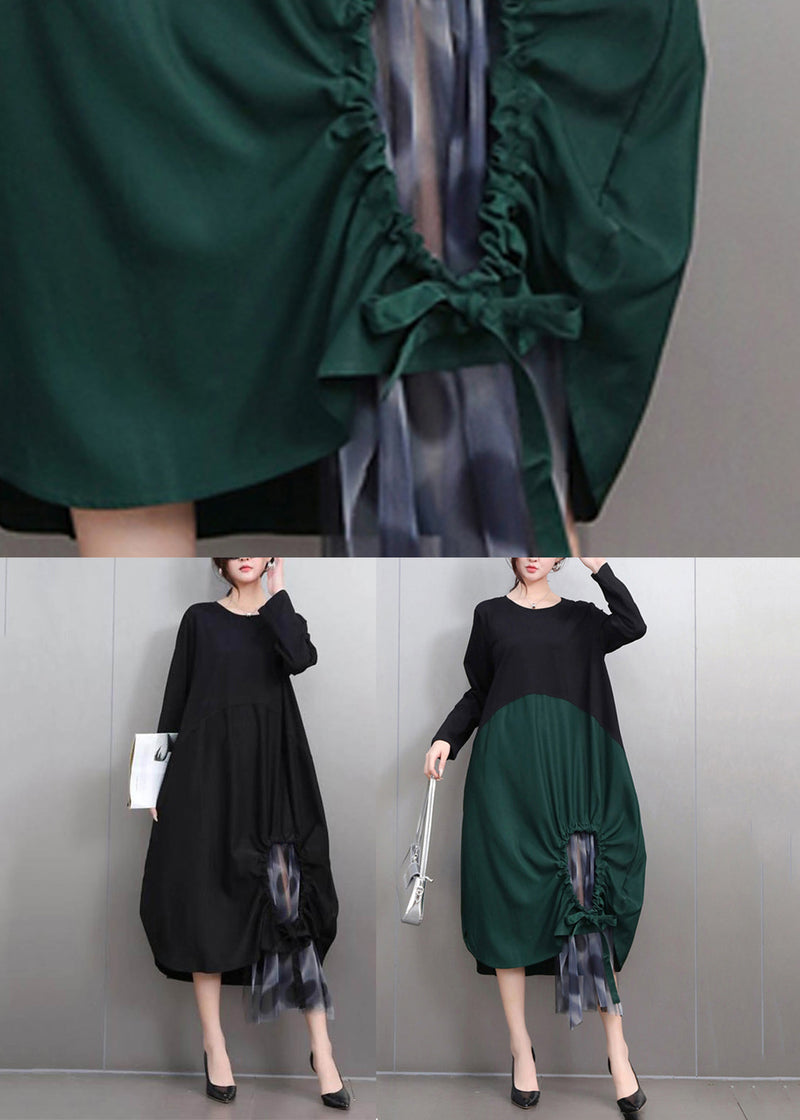 Green Hollow Out Tie Waist Long Dress Long Sleeve