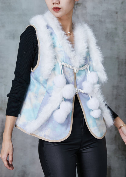 Blue Fuzzy Ball Decorated Patchwork Cotton Vest Tops Spring