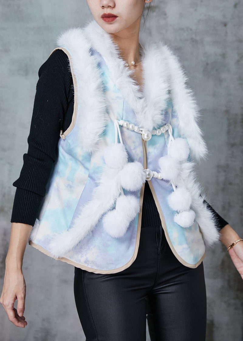 Blue Fuzzy Ball Decorated Patchwork Cotton Vest Tops Spring