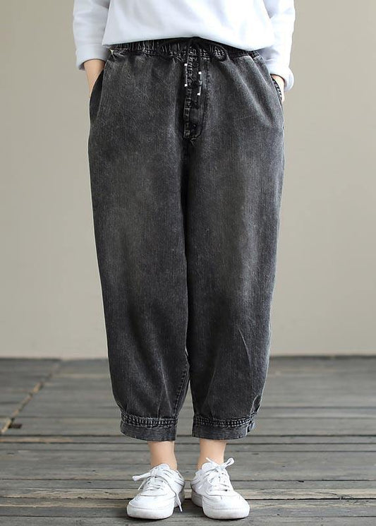Modern Spring Wide Leg Pants Denim Gray Sewing Elastic Waist Pockets Jeans